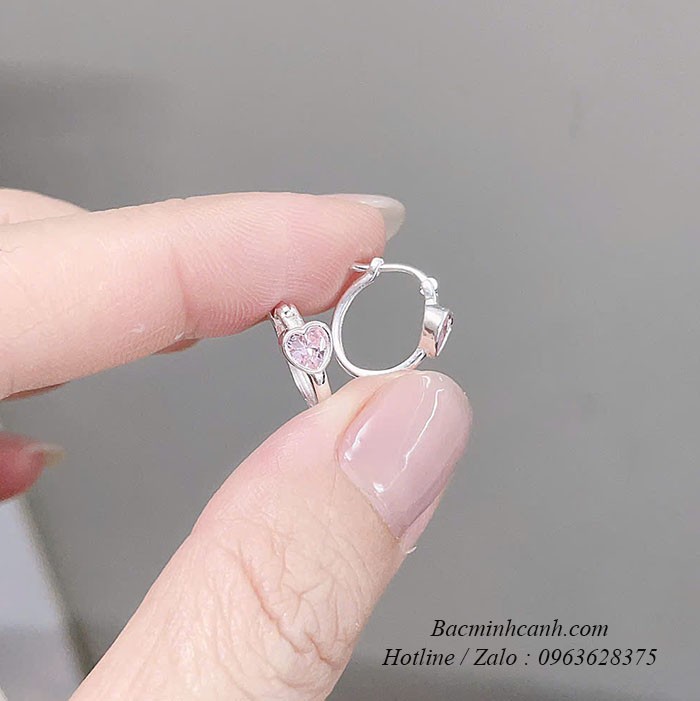 Bông tai bạc trái tim bấm đính đá BT413 bong-tai-bac-bam-dinh-da-hong-0606-1
