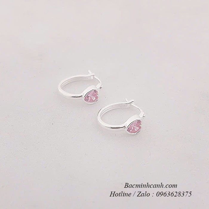 Bông tai bạc trái tim bấm đính đá BT413