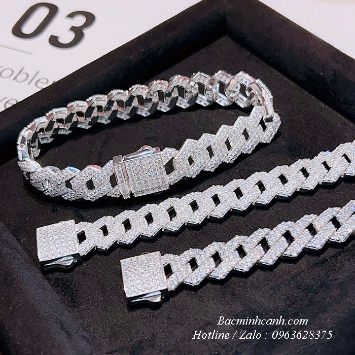Lắc tay bạc nam Cuban đính đá LTN051