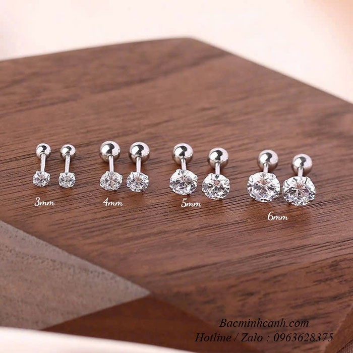 Khuyên tai nụ đá chốt ren bi bạc BT434