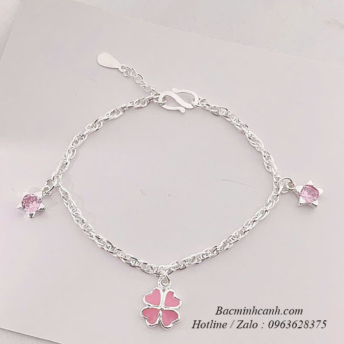 Lắc bạc trẻ em mix cỏ 4 lá hồng TE461