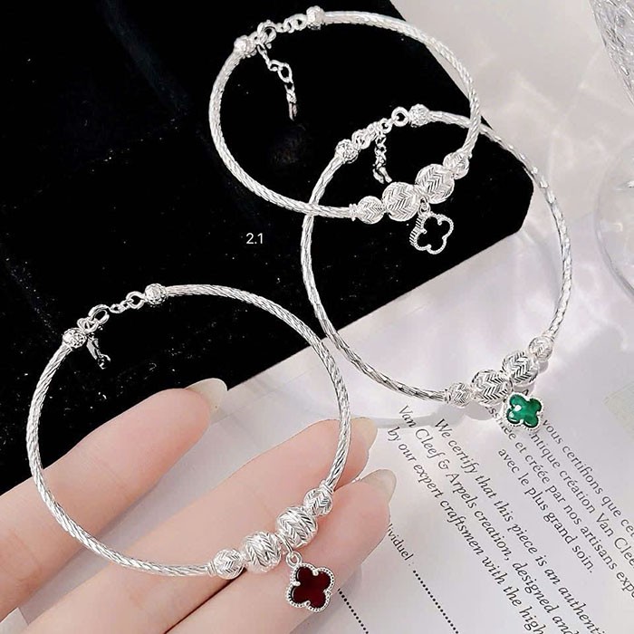 Vòng tay bạc bi mix cỏ 4 lá LTNU418