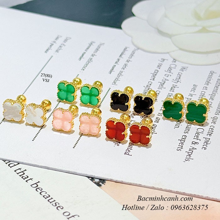 Khuyên tai vàng 10 cỏ 4 lá đá màu chốt ren vặn BT445